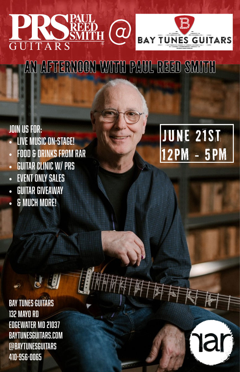 PRS at Bay Tunes Guitars June 21st 2025 12pm-5pm Food, Drinks, Live Music, Special Clinic with Paul Reed Smith, bay bridge background art (1)