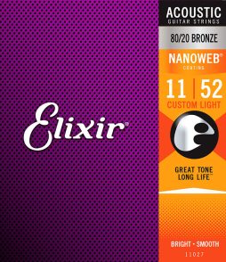 Elixir 11027 Nanoweb 80/20 Bronze Acoustic Guitar Strings Custom Light 11-52