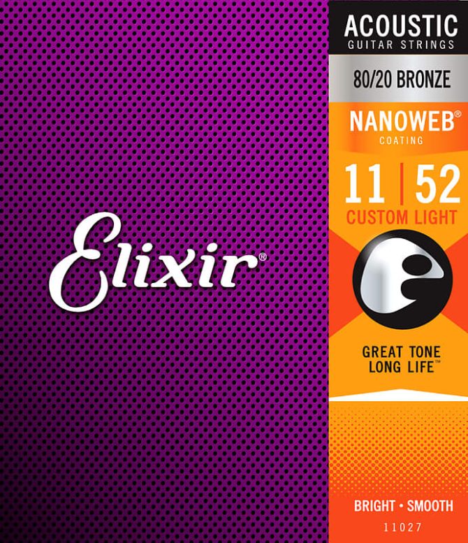 Elixir 11027 Nanoweb 80/20 Bronze Acoustic Guitar Strings Custom Light 11-52