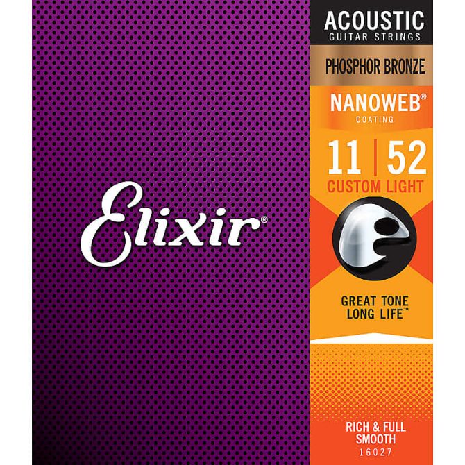 Elixir 16027 Nanoweb Phosphor Bronze Acoustic Guitar Strings Custom Light 11-52