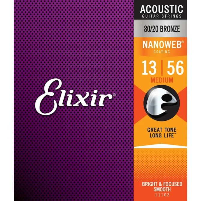 Elixir 11102 Nanoweb 80/20 Bronze Acoustic Guitar Strings - Medium 13-56