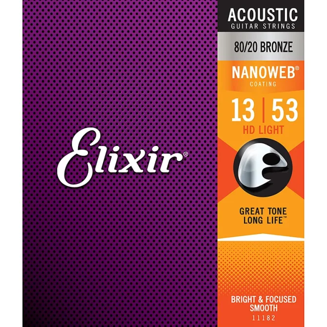 Elixir 11182 Nanoweb 80/20 Bronze Acoustic Guitar Strings HD Light 13-53
