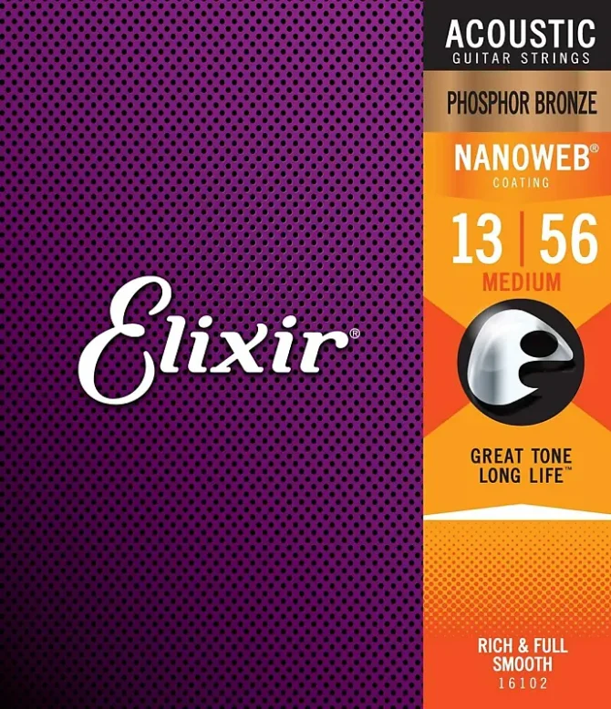 Elixir 16102 Nanoweb Phosphor Bronze Acoustic Guitar Strings - Medium 13-56