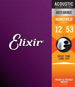Elixir 111052 Nanoweb 80/20 Bronze Acoustic Guitar Strings 12-53