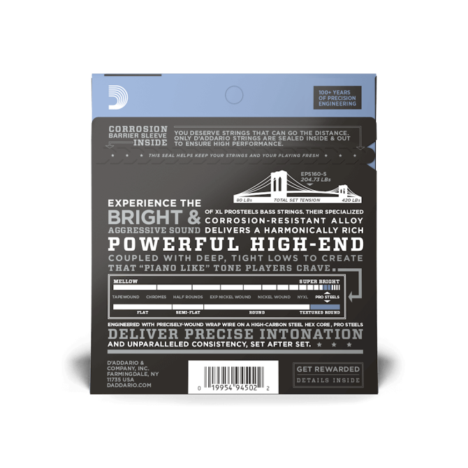 D'Addario EPS160-5 XL ProSteel 50-135 Medium 5-String Long Scale Bass Strings