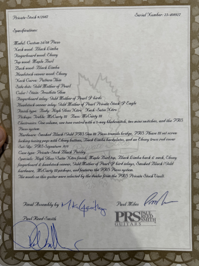 PRS Private Stock #12087 Custom 24/08 Piezo Maple Burl Frostbite Glow
