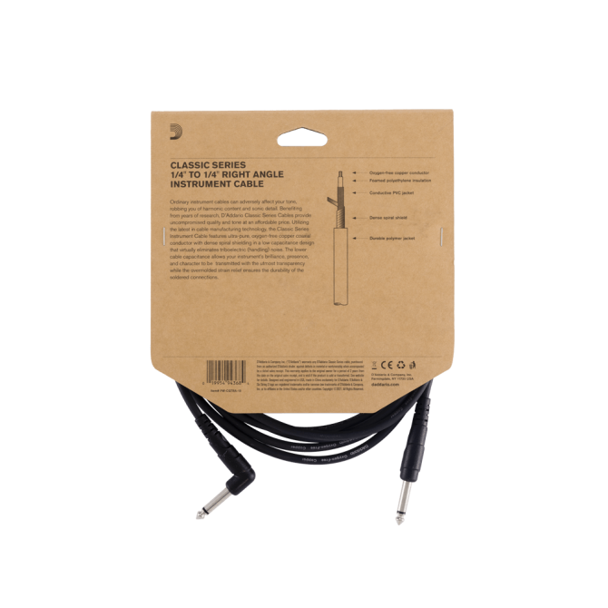 D'Addario Classic Series Instrument Cable Straight to Right-Angle, 10ft.