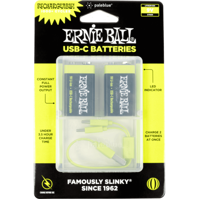 Ernie Ball USB-C Rechargeable 9v Battery by Paleblue - 2-pack