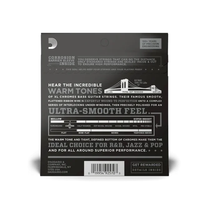 D'Addario XL Chrome 45-100 Regular Light Long Scale Flatwound Bass Guitar Strings